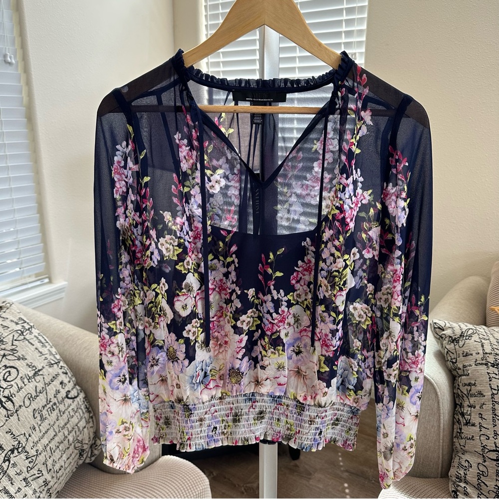 White House Black Market Blue Tie Front Smocked Blouse